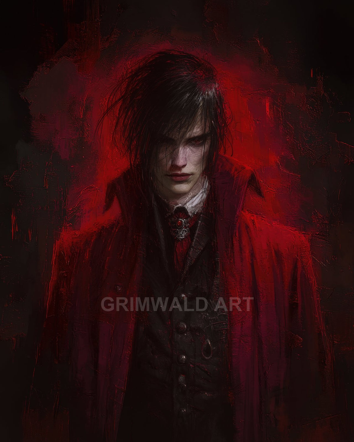 Pale, red-eyed vampire in a crimson coat and black waistcoat, brooch at the throat, framed by a dark, painterly red glow.