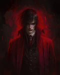GRID THUMBNAIL — Pale, red-eyed vampire in a crimson coat and black waistcoat, brooch at the throat, framed by a dark, painterly red glow.