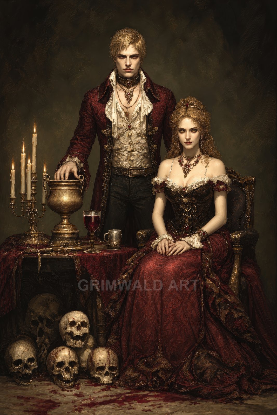 A pale vampire couple in ornate crimson attire beside a candelabra and chalice, with skulls and a bloodstained floor in a dim interior.