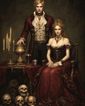 GRID THUMBNAIL — A pale vampire couple in ornate crimson attire beside a candelabra and chalice, with skulls and a bloodstained floor in a dim interior.