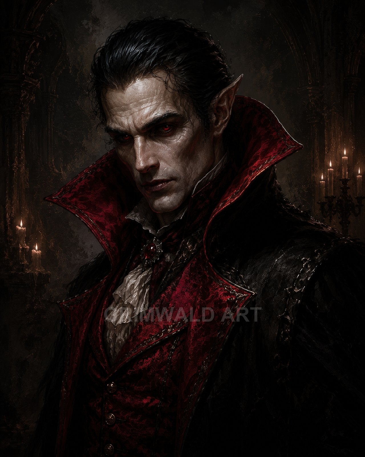 Pale male vampire with red eyes, high-collared crimson brocade coat, lace cravat, in dark gothic castle interior lit by candles.