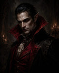GRID THUMBNAIL — Pale male vampire with red eyes, high-collared crimson brocade coat, lace cravat, in dark gothic castle interior lit by candles.
