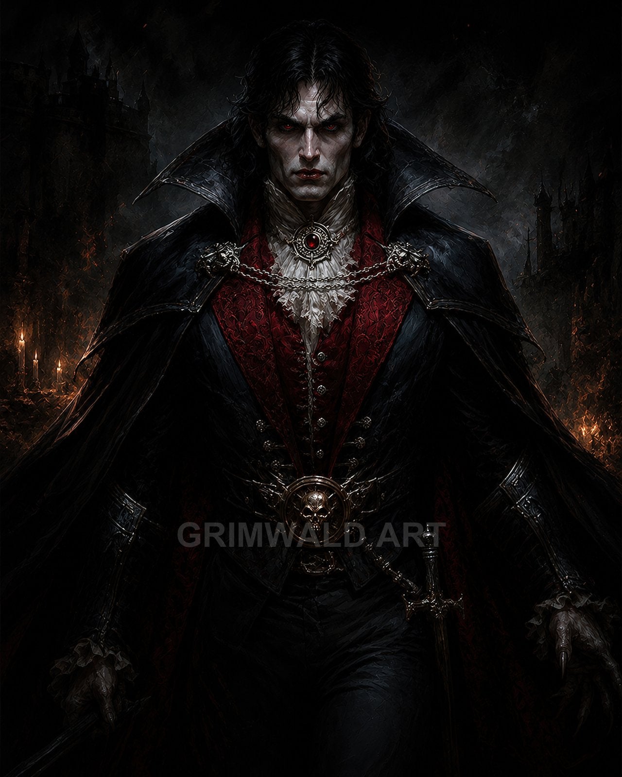 A pale, red-eyed vampire in ornate crimson waistcoat and black cape stands before a shadowy castle, candlelight flickering, hand resting by an elegant sword.