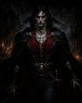 GRID THUMBNAIL — A pale, red-eyed vampire in ornate crimson waistcoat and black cape stands before a shadowy castle, candlelight flickering, hand resting by an elegant sword.