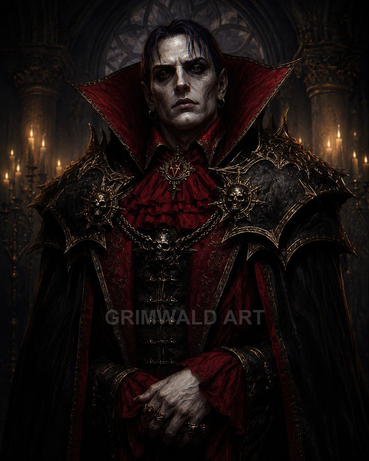 Pale, aristocratic vampire in ornate red-and-black armour and cloak, standing in a candlelit gothic hall with skull motifs and a high collar.