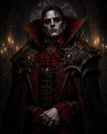 GRID THUMBNAIL — Pale, aristocratic vampire in ornate red-and-black armour and cloak, standing in a candlelit gothic hall with skull motifs and a high collar.