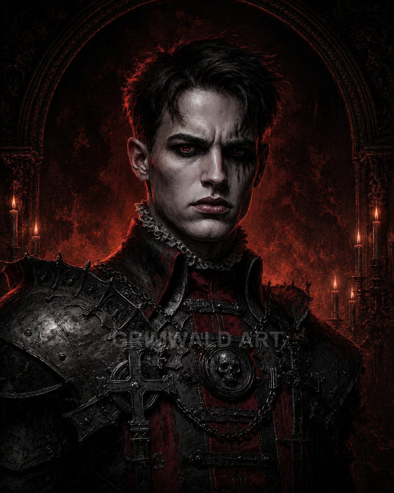 Armoured vampire with red eyes and gothic plate decorated with crosses, posed before candlelit arch and fiery red backdrop, dark atmospheric portrait.