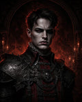 GRID THUMBNAIL — Armoured vampire with red eyes and gothic plate decorated with crosses, posed before candlelit arch and fiery red backdrop, dark atmospheric portrait.
