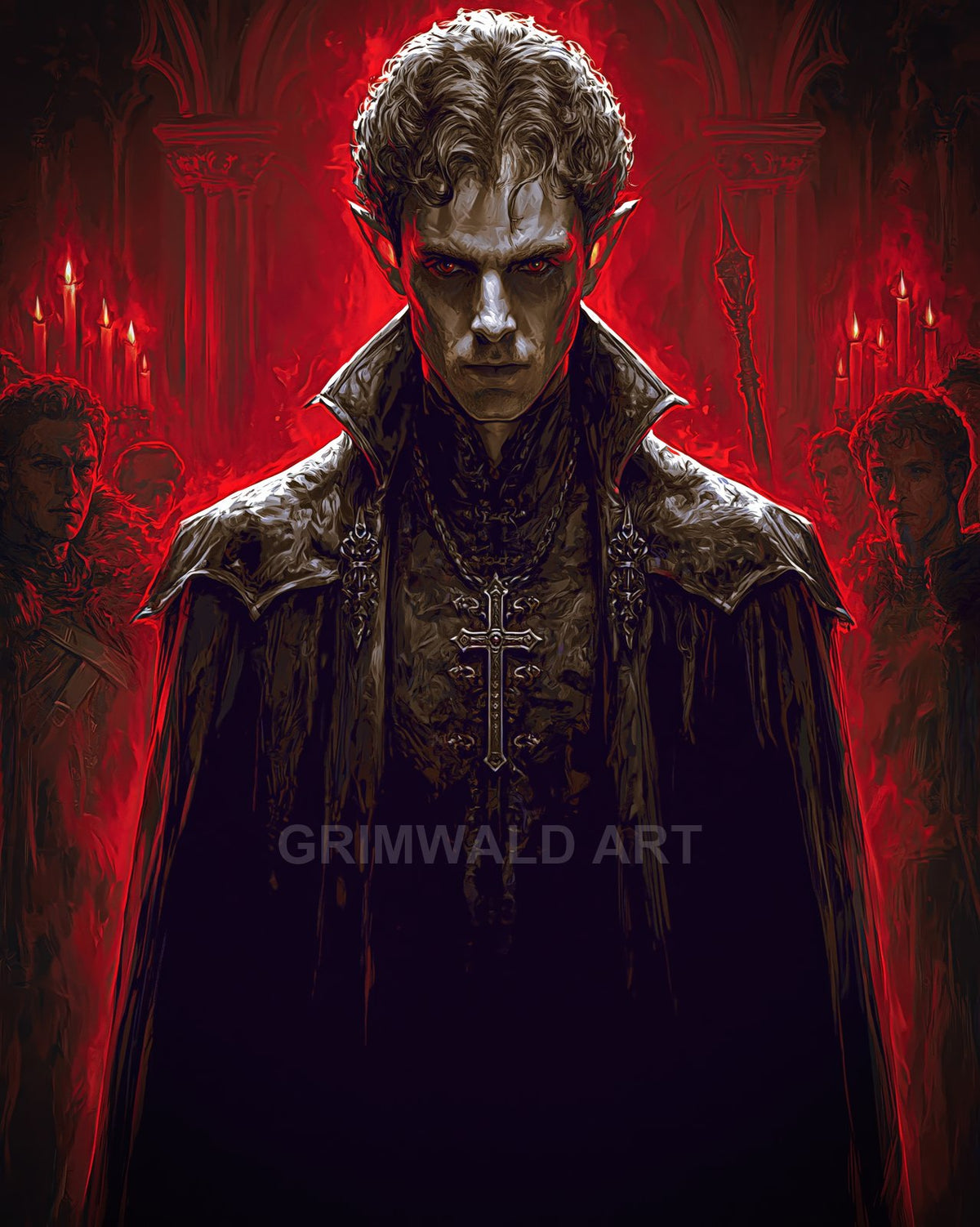Male vampire with pale skin, pointed ears and red eyes wears a high-collared cloak and cross pendant before red-lit gothic arches and candles.