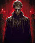 GRID THUMBNAIL — Male vampire with pale skin, pointed ears and red eyes wears a high-collared cloak and cross pendant before red-lit gothic arches and candles.