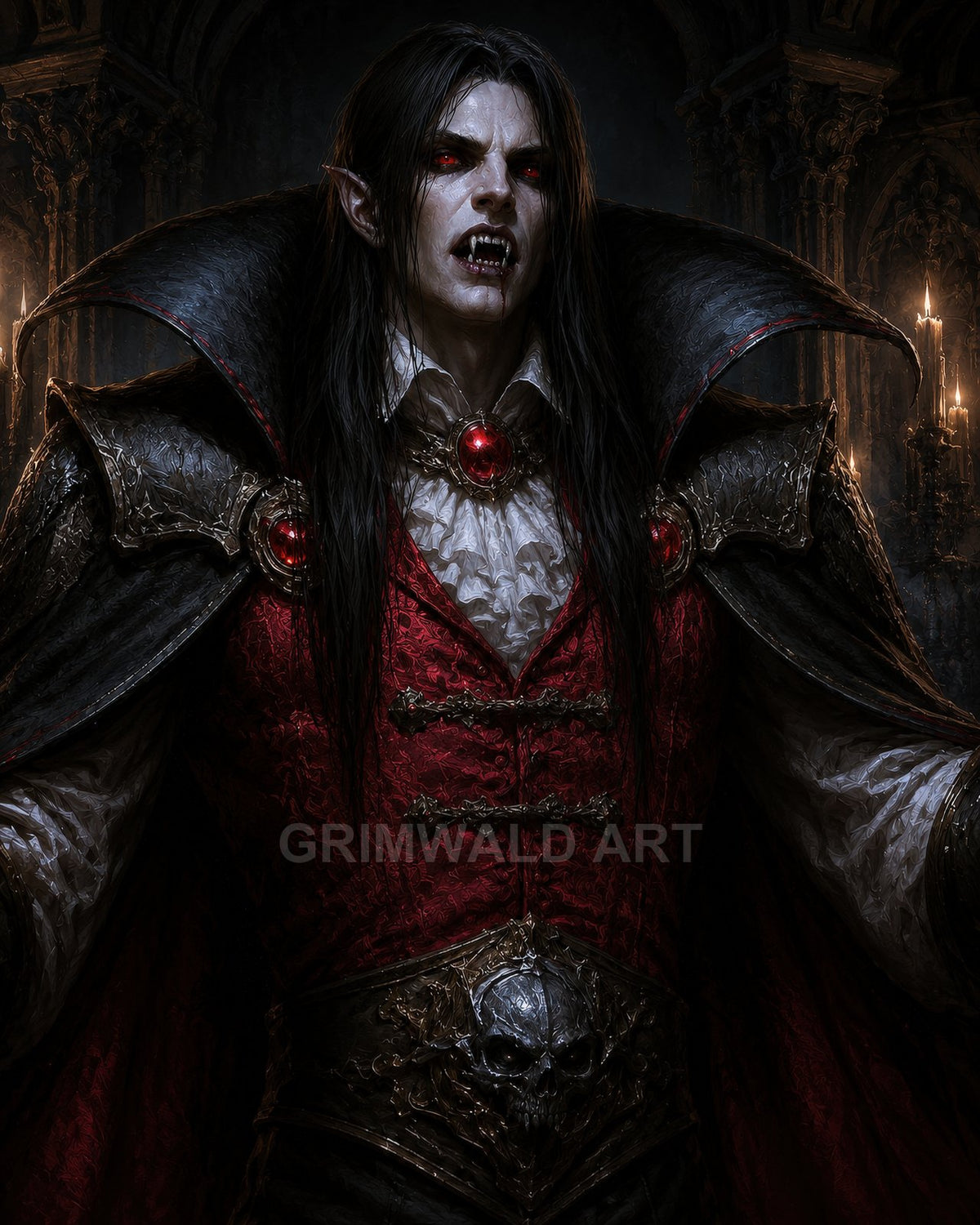 A pale vampire noble with red eyes and bared fangs stands in a candlelit gothic castle, wearing ornate black armour and a crimson waistcoat.