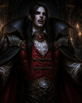 GRID THUMBNAIL — A pale vampire noble with red eyes and bared fangs stands in a candlelit gothic castle, wearing ornate black armour and a crimson waistcoat.
