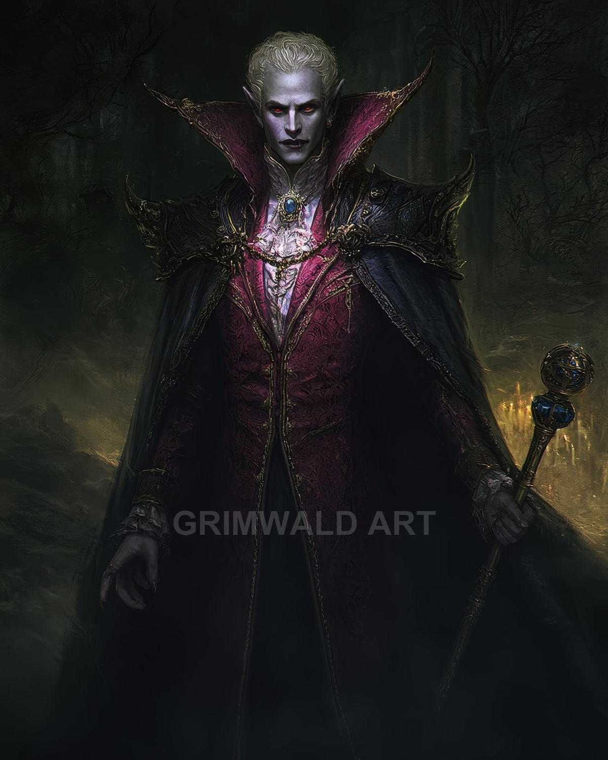 Pale vampire noble with red eyes and pointed ears, wearing ornate crimson brocade and black cape, holding a jewelled staff in a dark forest.