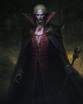 GRID THUMBNAIL — Pale vampire noble with red eyes and pointed ears, wearing ornate crimson brocade and black cape, holding a jewelled staff in a dark forest.