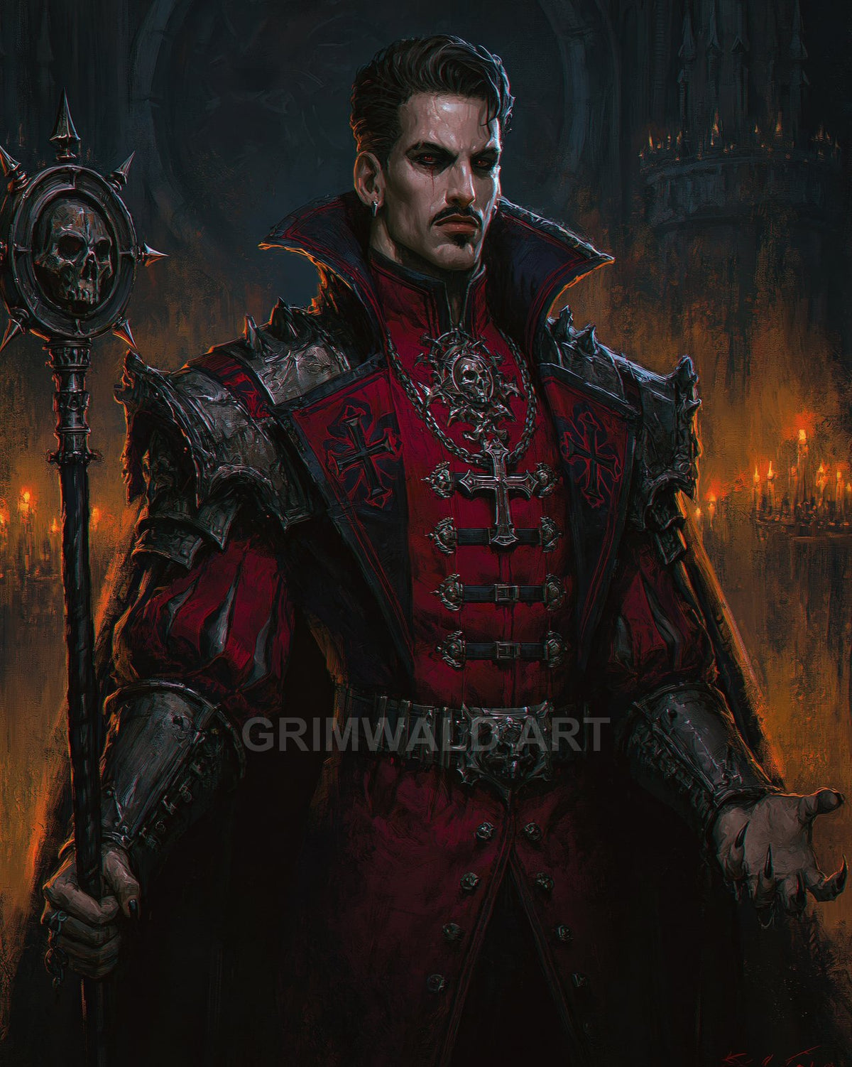 A pale male vampire noble in red and black armour holds a skull-topped staff before a candlelit gothic cathedral interior.