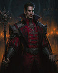 GRID THUMBNAIL — A pale male vampire noble in red and black armour holds a skull-topped staff before a candlelit gothic cathedral interior.
