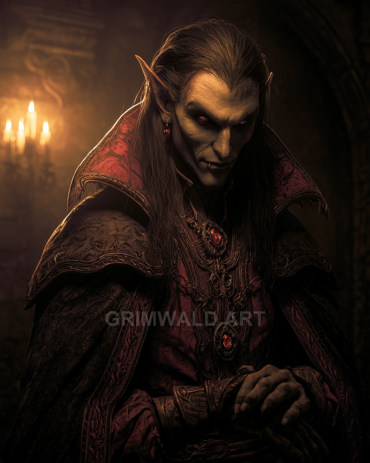 Pale, red-eyed vampire lord in ornate crimson armour and jewels, fangs showing, posed in a candlelit gothic interior with sinister expression.