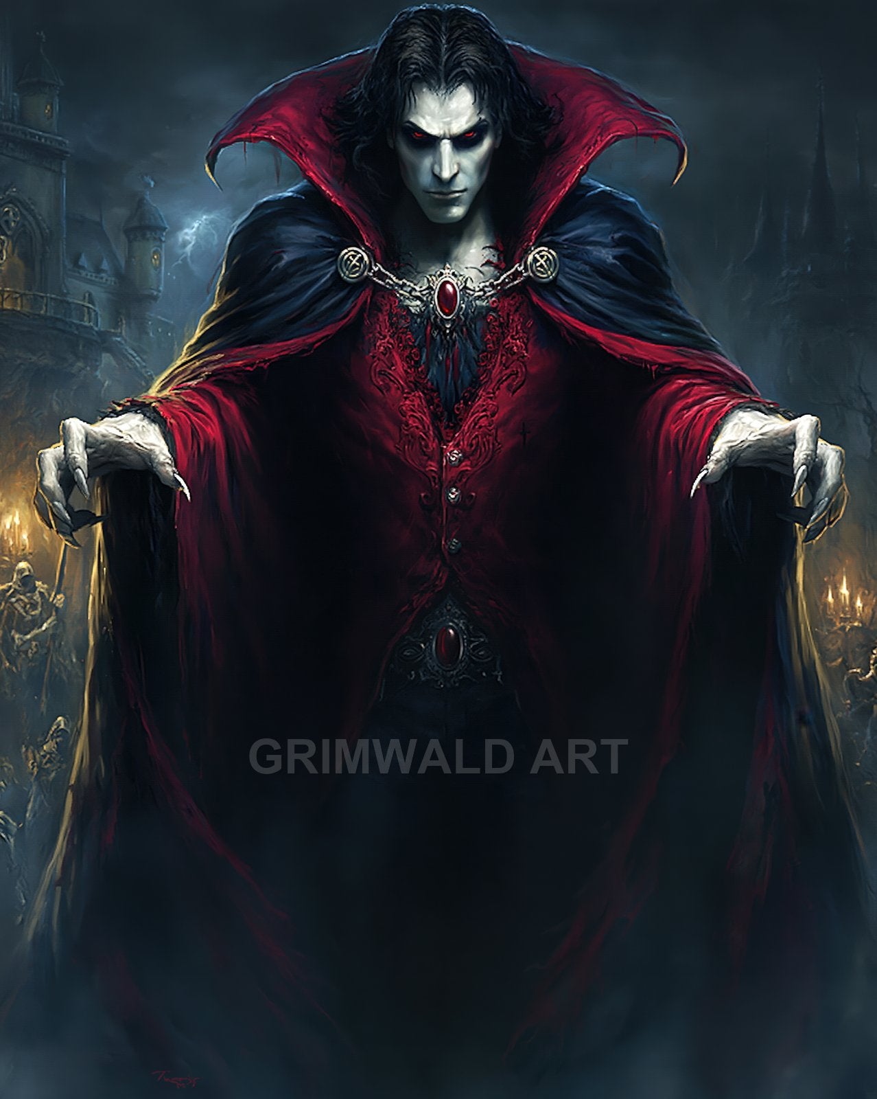 Pale, red-eyed vampire in ornate red and black cloak with jewelled brooch stands before a dark castle at night, torches flickering.