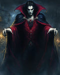 GRID THUMBNAIL — Pale, red-eyed vampire in ornate red and black cloak with jewelled brooch stands before a dark castle at night, torches flickering.