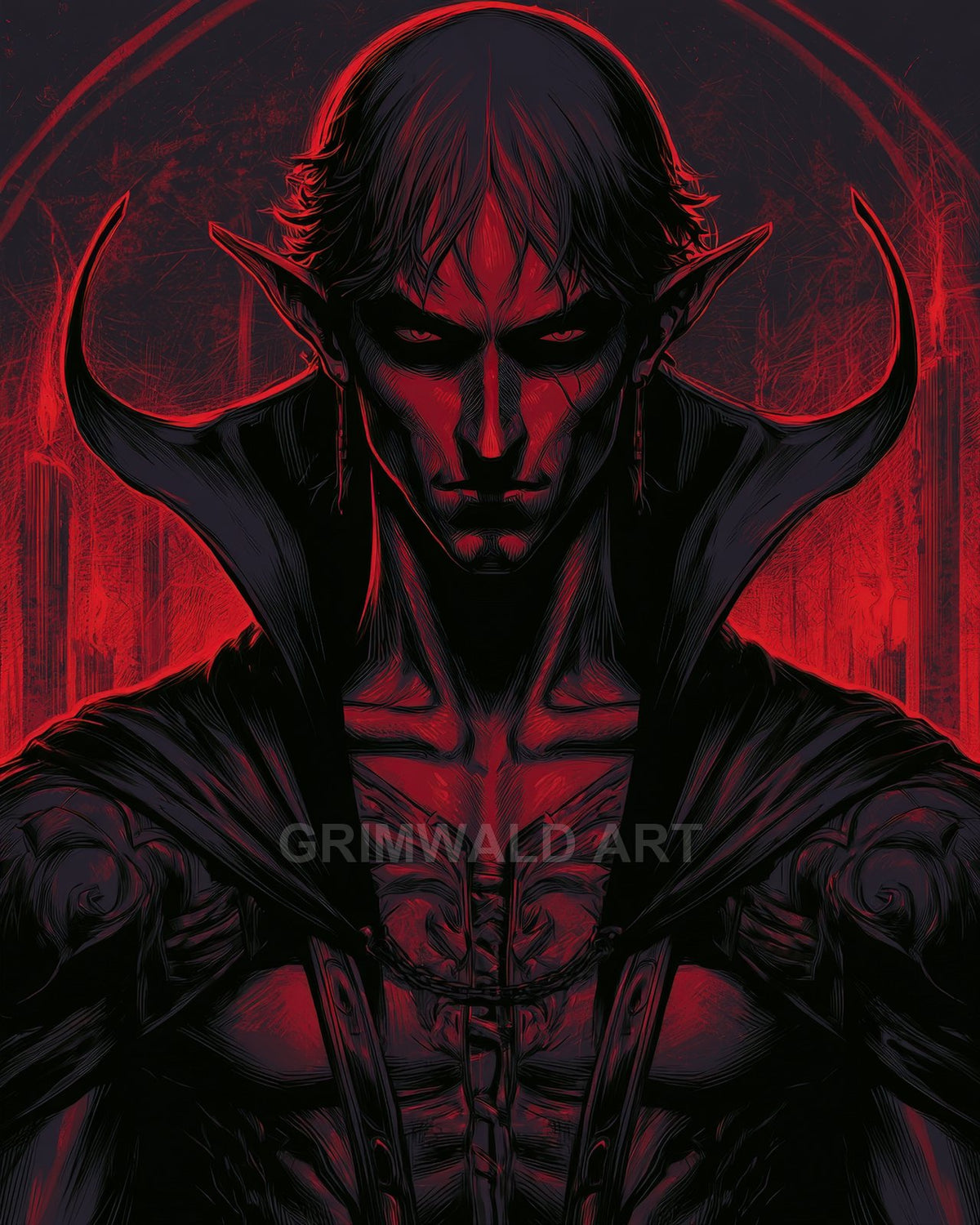 Red-lit gothic portrait of a male vampire with pointed ears, high collar, and ornate armour, staring forward against cathedral-like arches.