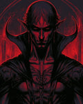 GRID THUMBNAIL — Red-lit gothic portrait of a male vampire with pointed ears, high collar, and ornate armour, staring forward against cathedral-like arches.