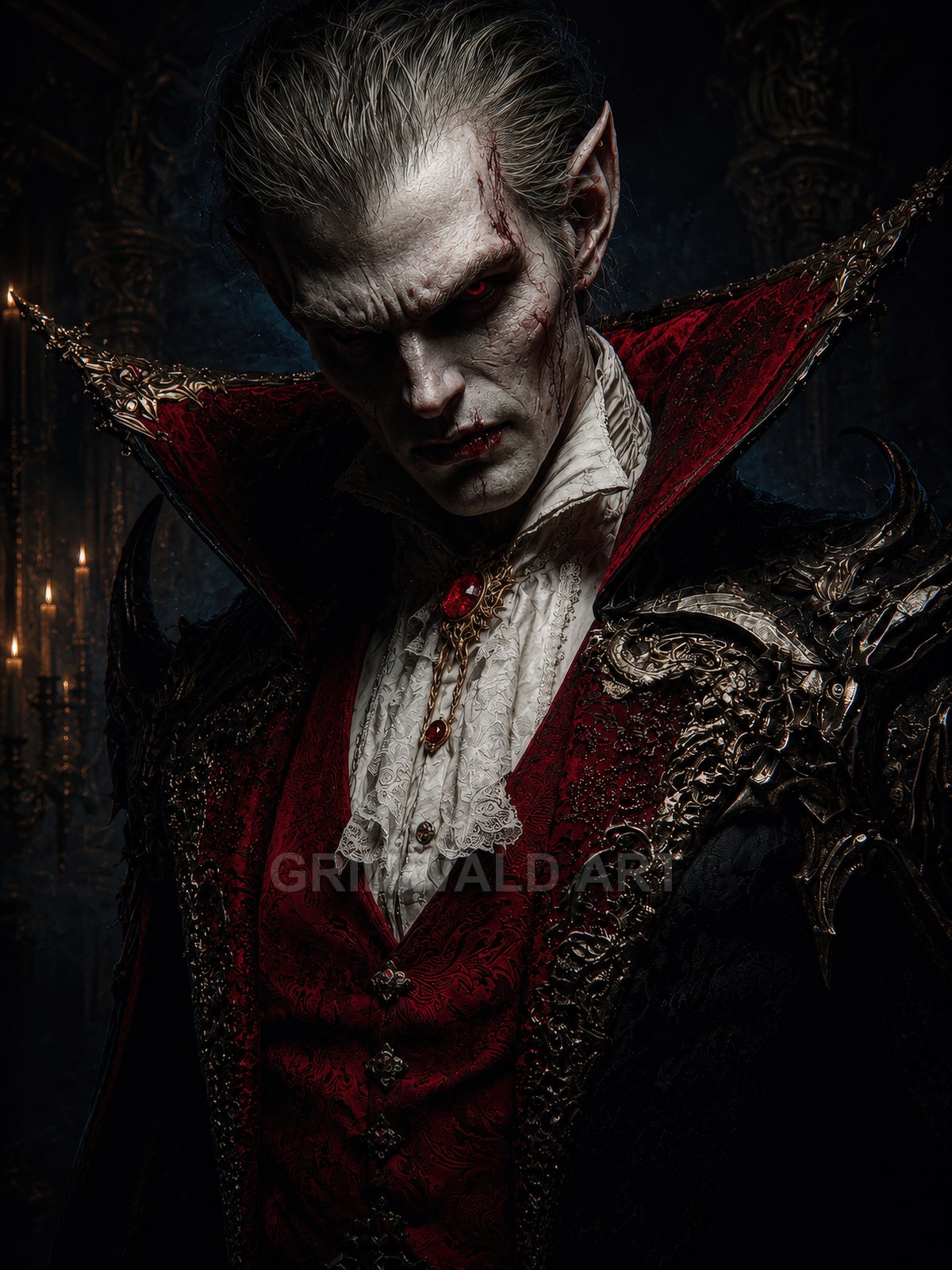A pale, red-eyed vampire noble in ornate black-and-red attire with lace cravat and spiked pauldrons, standing in a candlelit, shadowed castle interior.