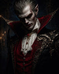 GRID THUMBNAIL — A pale, red-eyed vampire noble in ornate black-and-red attire with lace cravat and spiked pauldrons, standing in a candlelit, shadowed castle interior.