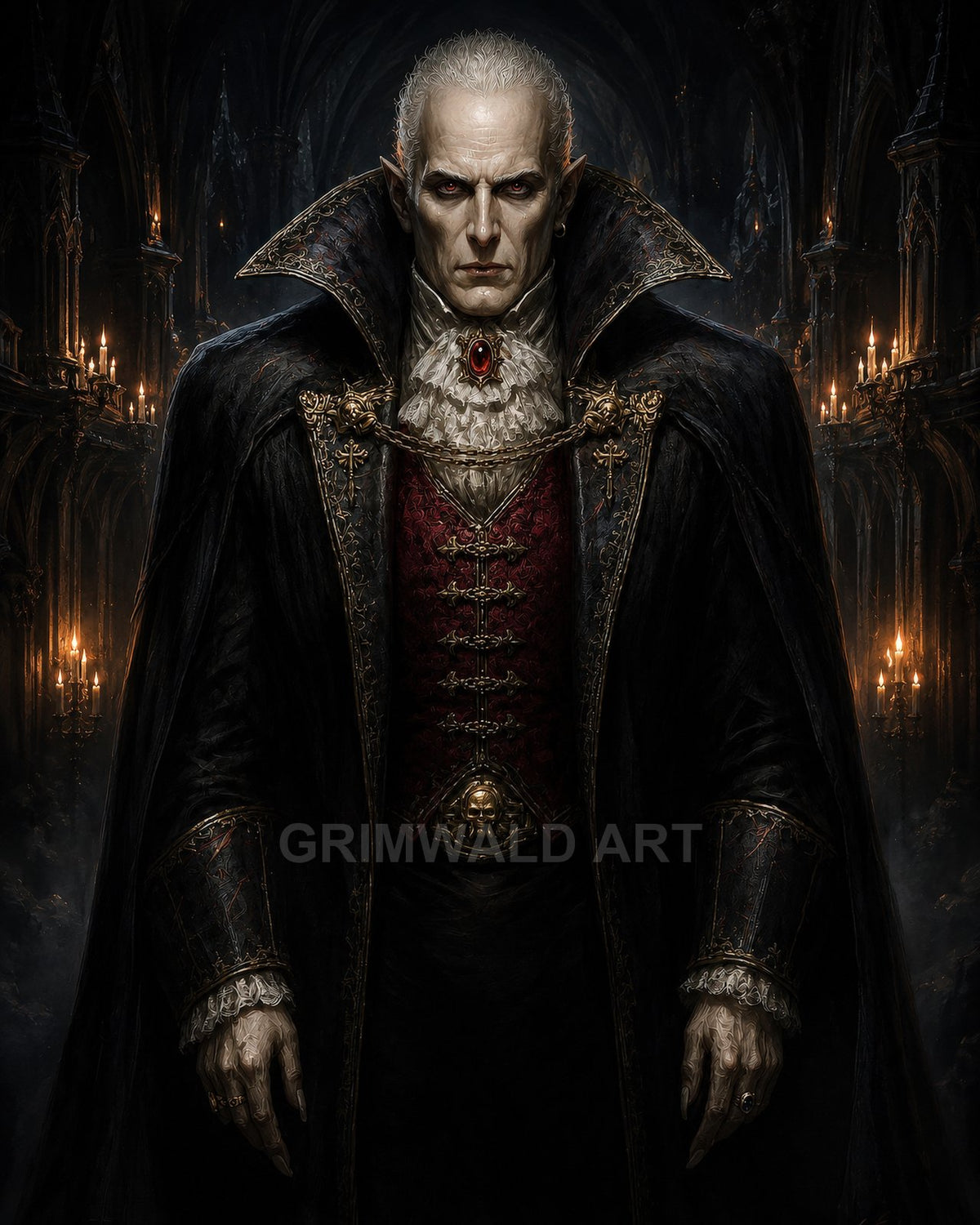 Pale aristocratic vampire in an ornate high-collared cloak stands in a candlelit gothic cathedral, wearing a ruby brooch and crimson waistcoat.