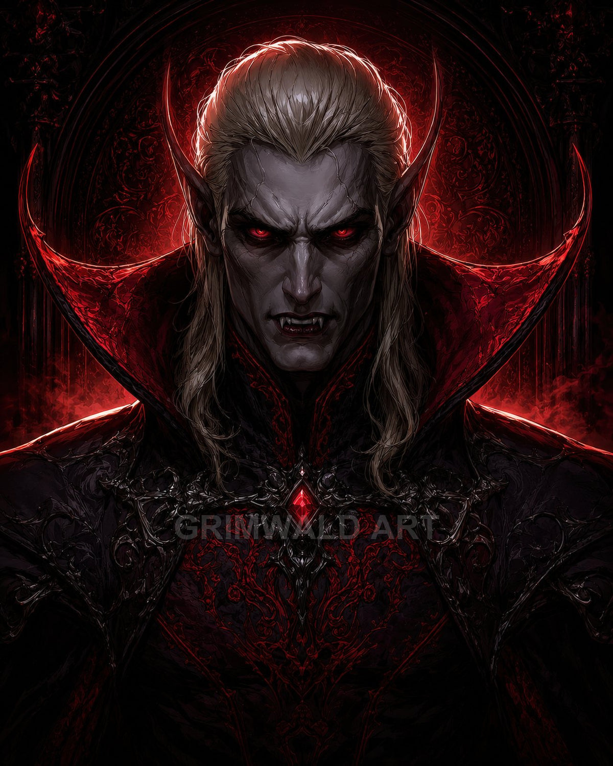 Gothic portrait of a male vampire with long pale hair, pointed ears, glowing red eyes, ornate black armour and crimson gemstone amid fiery red backlight.