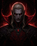GRID THUMBNAIL — Gothic portrait of a male vampire with long pale hair, pointed ears, glowing red eyes, ornate black armour and crimson gemstone amid fiery red backlight.