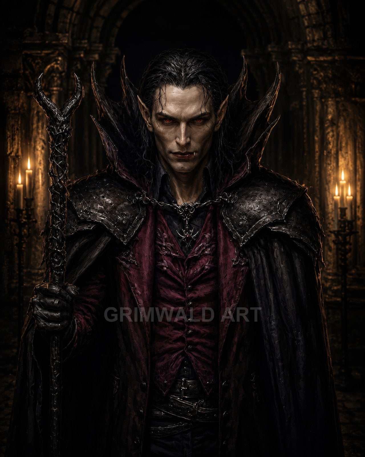 A pale male vampire with red eyes and fangs stands in a gothic cathedral, clad in dark armour and crimson cloak, gripping a spiked staff.