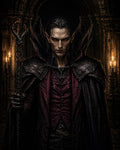 GRID THUMBNAIL — A pale male vampire with red eyes and fangs stands in a gothic cathedral, clad in dark armour and crimson cloak, gripping a spiked staff.