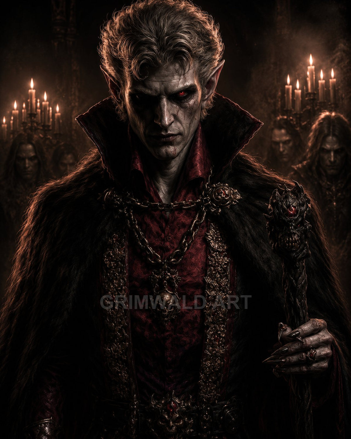 A pale, red-eyed vampire noble in ornate red-and-black robes and fur cloak, holding a skull-topped staff, with candlelit attendants behind in a dark castle interior.