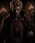 GRID THUMBNAIL — A pale, red-eyed vampire noble in ornate red-and-black robes and fur cloak, holding a skull-topped staff, with candlelit attendants behind in a dark castle interior.