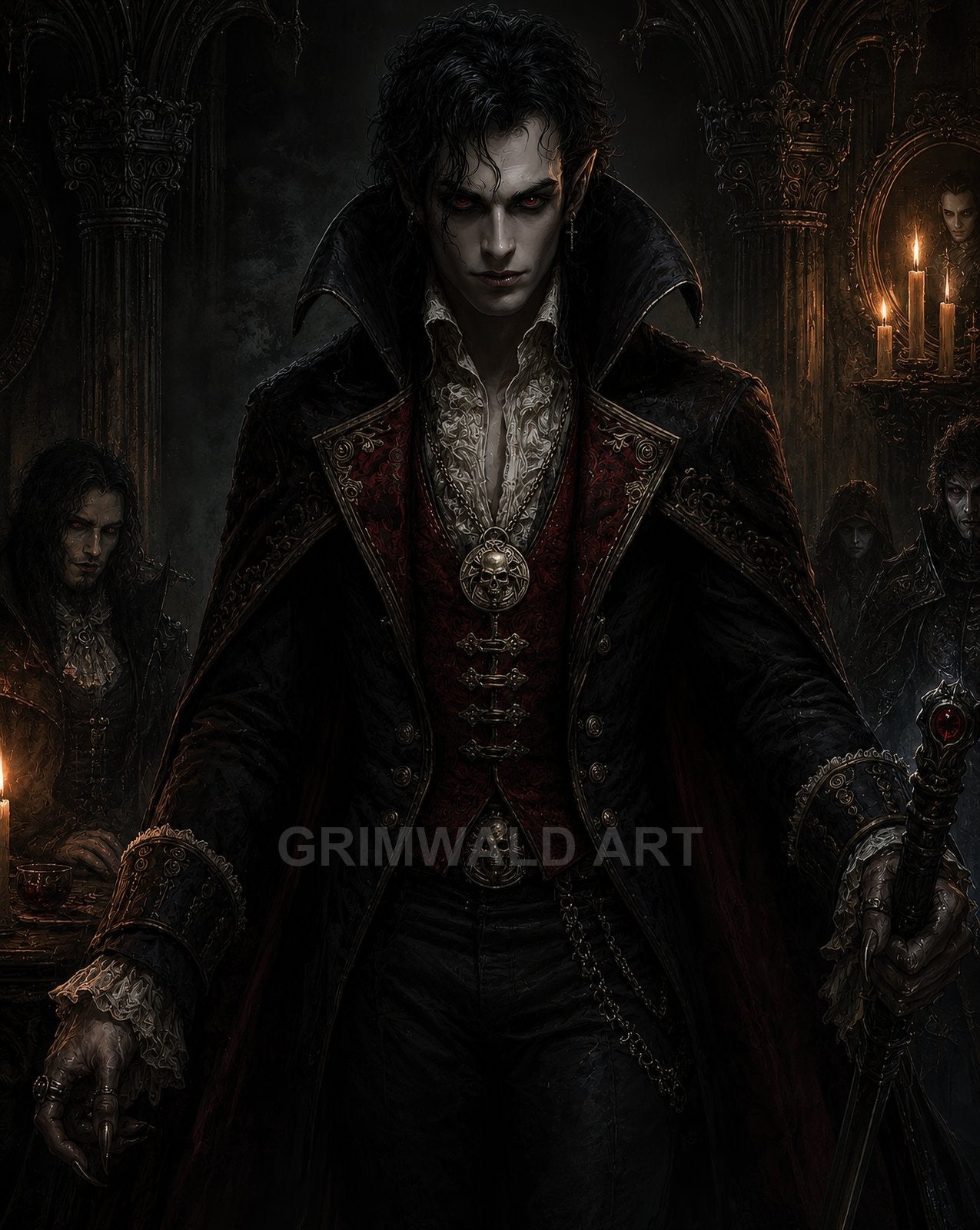Elegant male vampire with red eyes in black and crimson attire, holding gem-topped staff amid candles and gothic arches, flanked by shadowy attendants.