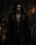 GRID THUMBNAIL — Elegant male vampire with red eyes in black and crimson attire, holding gem-topped staff amid candles and gothic arches, flanked by shadowy attendants.