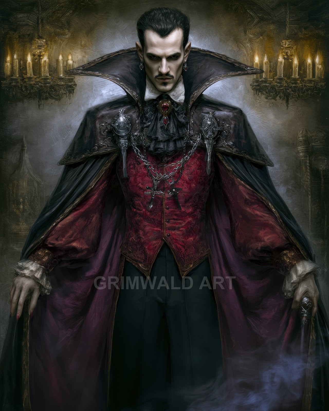 A pale, aristocratic vampire in a crimson waistcoat and high-collared cape stands in a candlelit interior, mist swirling at his feet.