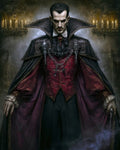 GRID THUMBNAIL — A pale, aristocratic vampire in a crimson waistcoat and high-collared cape stands in a candlelit interior, mist swirling at his feet.