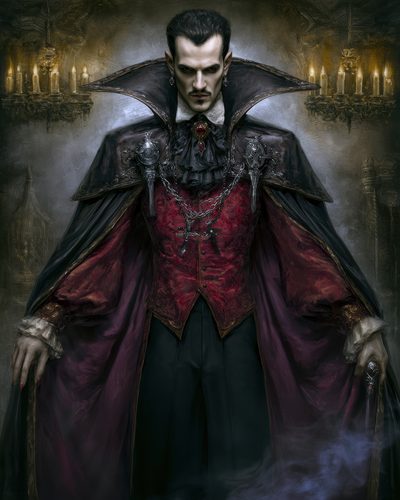 GRID THUMBNAIL — A pale, aristocratic vampire in a crimson waistcoat and high-collared cape stands in a candlelit interior, mist swirling at his feet.