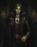 GRID THUMBNAIL — Pale male vampire aristocrat in ornate purple and gold attire with fur cloak and jewelled ornaments, holding a sword in a candlelit gothic castle.