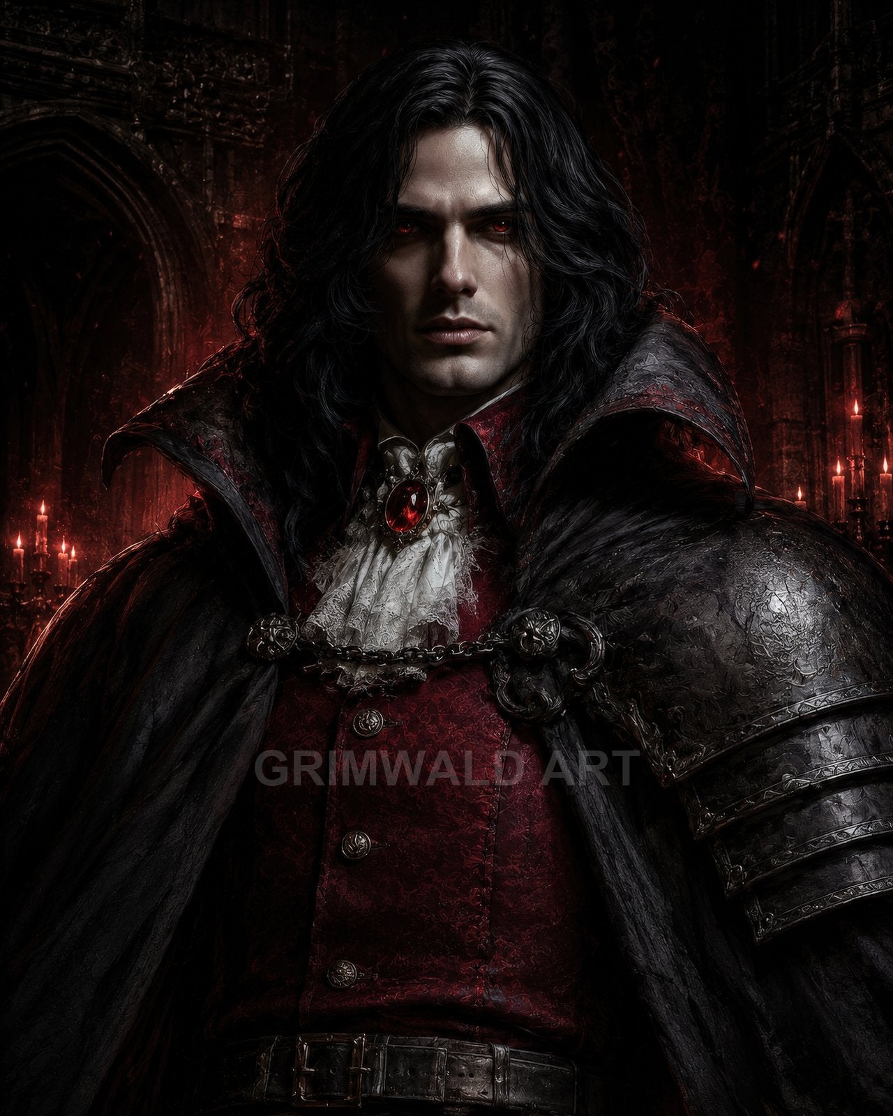 A pale, red-eyed vampire noble in ornate dark armour and a crimson coat stands in a candlelit gothic hall, wearing a jeweled pendant.