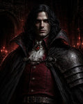 GRID THUMBNAIL — A pale, red-eyed vampire noble in ornate dark armour and a crimson coat stands in a candlelit gothic hall, wearing a jeweled pendant.