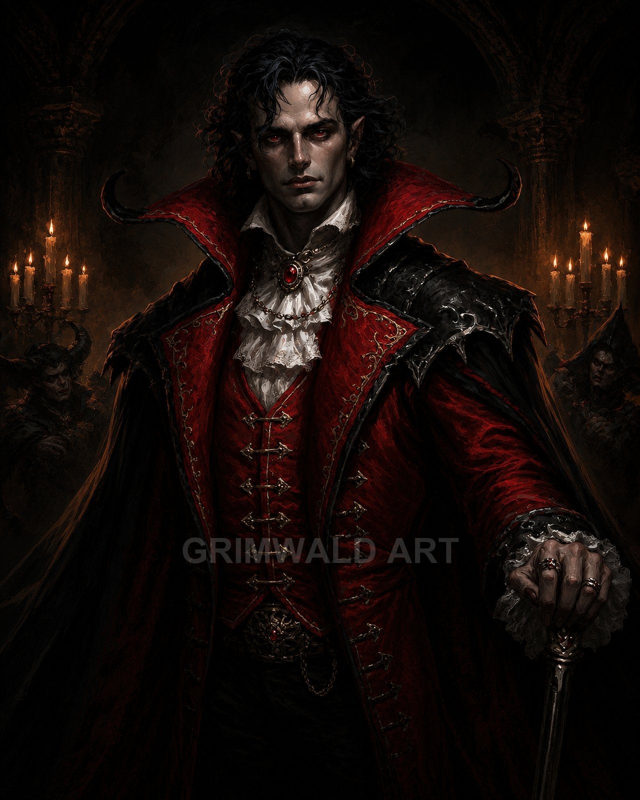 A pale, red-eyed vampire noble in ornate red and black attire holds a cane inside a candlelit gothic castle hall.