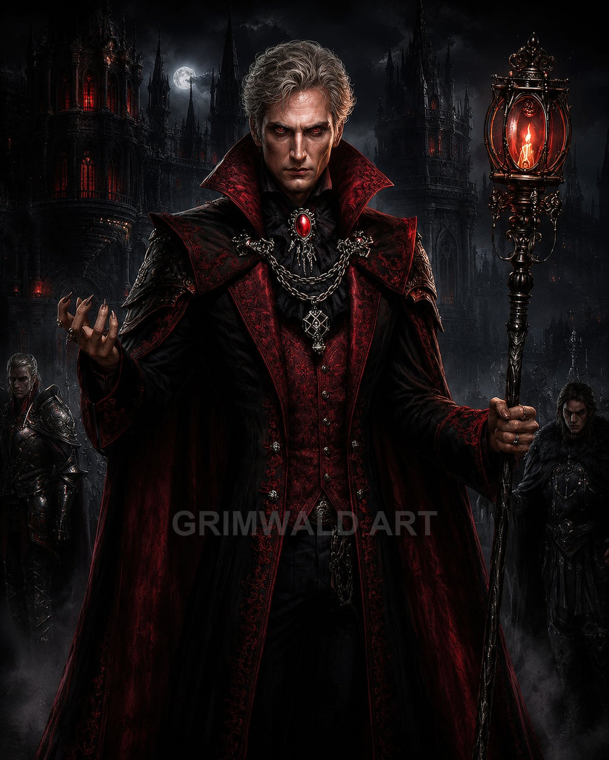 An imperious aristocratic figure in a red-and-black cloak holds a glowing staff before a moonlit gothic castle, with armoured attendants lurking in shadowed fog.