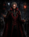 GRID THUMBNAIL — An imperious aristocratic figure in a red-and-black cloak holds a glowing staff before a moonlit gothic castle, with armoured attendants lurking in shadowed fog.