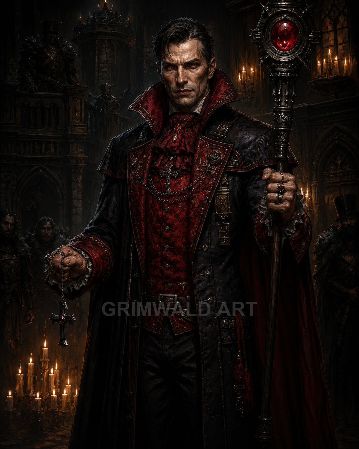 Pale aristocratic vampire in ornate red and black attire holds a jewel-topped staff and a cross pendant inside a candlelit gothic cathedral.