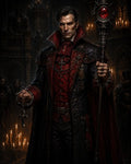 GRID THUMBNAIL — Pale aristocratic vampire in ornate red and black attire holds a jewel-topped staff and a cross pendant inside a candlelit gothic cathedral.