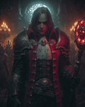 GRID THUMBNAIL — Androgynous vampire in ornate red armour grips a glowing skull-topped staff inside a candlelit gothic cathedral, with shadowy followers and stained-glass behind.