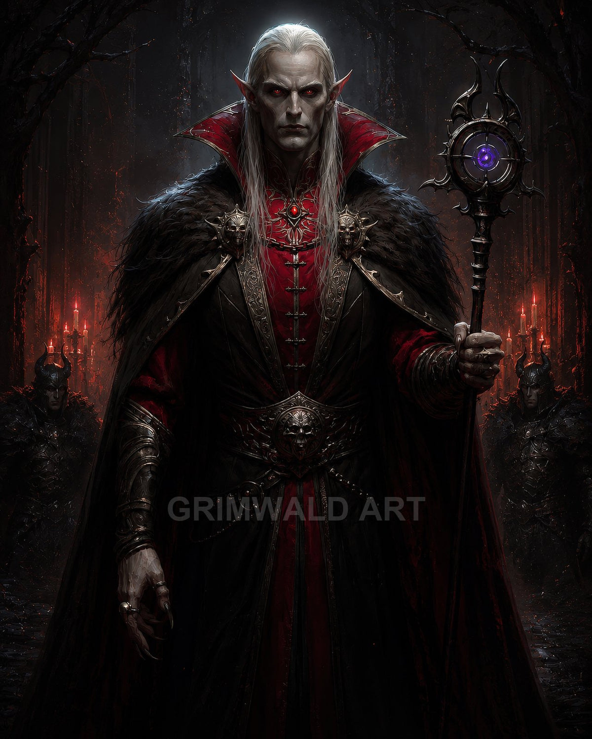 Pale male vampire necromancer with white hair and red eyes, clad in red-black furred robes, holding an arcane staff among dark armoured guards.