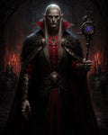 GRID THUMBNAIL — Pale male vampire necromancer with white hair and red eyes, clad in red-black furred robes, holding an arcane staff among dark armoured guards.
